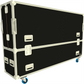 Back view of Black flight case with wheels on a white background