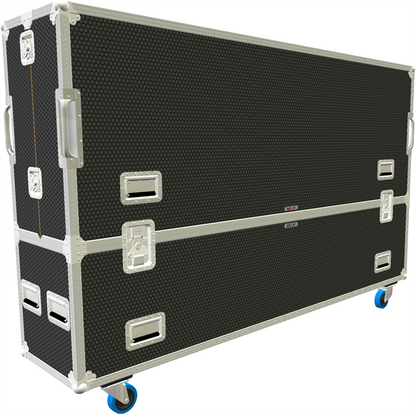 Large black flight case with wheels on a white background