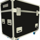 Back view of Black flight case with silver handles and wheels on a white background