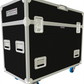 Black flight case with silver handles and wheels on a white background