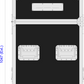 Diagram of a black storage unit with lid ends featuring vents, dimensions labeled, and wheels.