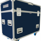 Navy Blue and silver flight case with wheels on a white background