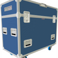 Royal Blue and silver flight case with wheels on a white background