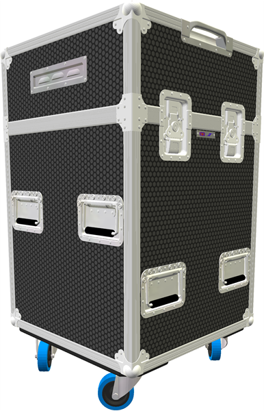 Black and silver equipment case with wheels on a white background