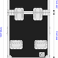 Dimensions of a black rectangular case with wheels and fasteners on a white background