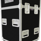 Black and silver flight case with wheels on a white background