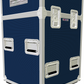 Blue and silver storage case with wheels on a white background