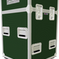 Green and silver storage case with wheels on a white background