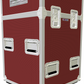 Red and silver luggage cart with wheels on a white background