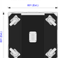 Technical diagram of a black rectangular object with silver latches and dimensions labeled.