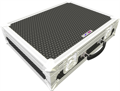 White tool case with black honeycomb interior on a white background