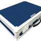 Blue and white tool case with a handle on a white background
