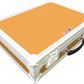 Orange tool case inside a white metal frame with a handle on a white background