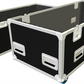 3D view of black and white flight case with wheels on a white background