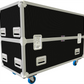 Black flight case with wheels on a white background