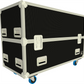 Back of black flight case with wheels on a white background