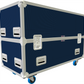 Blue and silver flight case with wheels on a white background