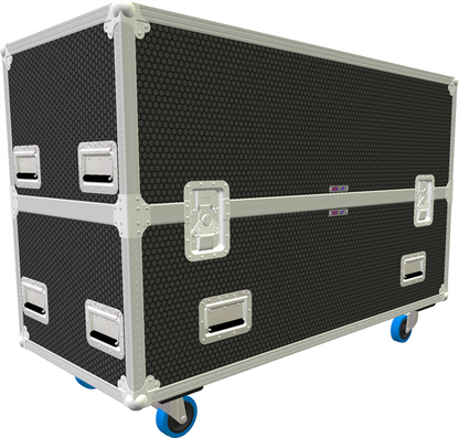 Large dark grey and silver flight case with wheels on a white background
