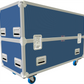 Royal Blue and silver flight case with wheels on a white background