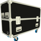 Black flight case with wheels on a white background