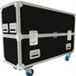 Black and silver flight case with wheels on a white background