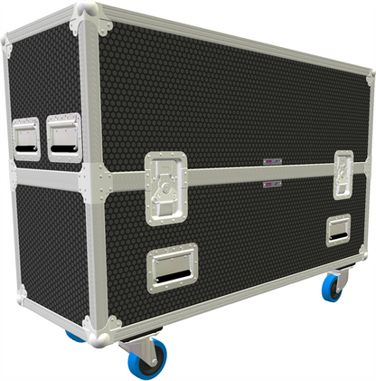 Black and silver flight case with wheels on a white background