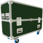 Green and silver flight case with wheels on a white background