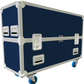Blue and silver flight case with wheels on a white background