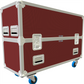 Red and white flight case with wheels on a white background