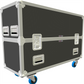 Grey flight case with silver corners and blue wheels on a white background