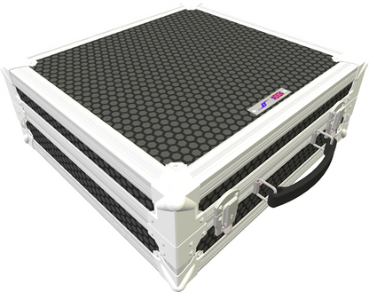 White electronic equipment case with black honeycomb pattern on a white background