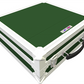 Green and white transit case with a handle on a white background