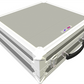 Grey metal toolbox with a textured lid on a white background
