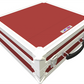Red and white transit case with a handle on a white background