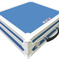 Royal blue and white flight case with a handle on a white background