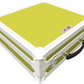 Yellow and white transit case with a handle on a white background