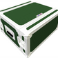 Green and white storage box with textured surface on a white background