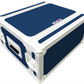 Navy blue and white flight case with a visible brand logo on a white background