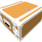 Orange and white storage crate with a visible brand logo on a white background
