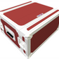 Red and white storage box with a visible brand logo on a white background