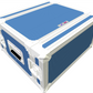 Royal blue and white flight case with a visible brand logo on a white background