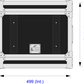 Dimensions of the underside of a rectangular flight case with black back panel and white frame.