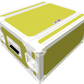 Yellow and white storage crate with a visible brand logo on a white background